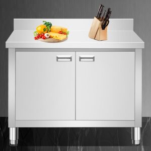 Stainless Steel Sliding Door Work Table Commercial Kitchen Restaurant Prep Table Metal Table with Raised Bezel Stainless Steel Storage Cabinet with Platform(100x60x80cm)