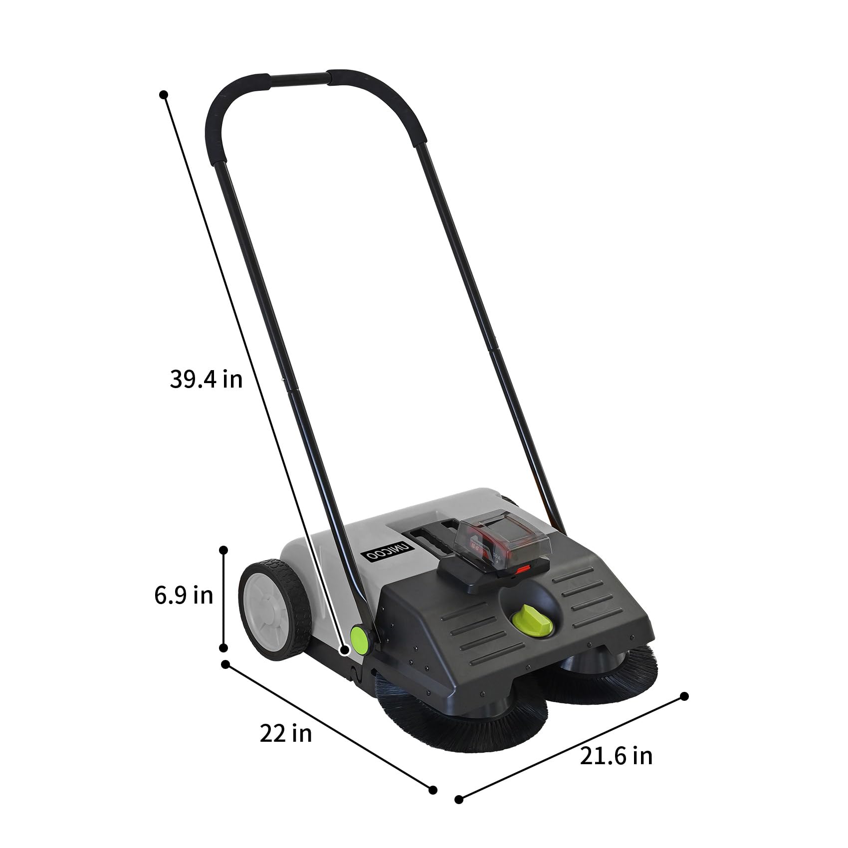 UNICOO Electric Hand Push Sweeper - Battery Powered Floor Sweeper, Walk Behind Floor Sweeper, Efficient Push Sweeper for Indoor and Outdoor Cleaning. 23" Sweeping Width, 6.6 Gallon Waste Container