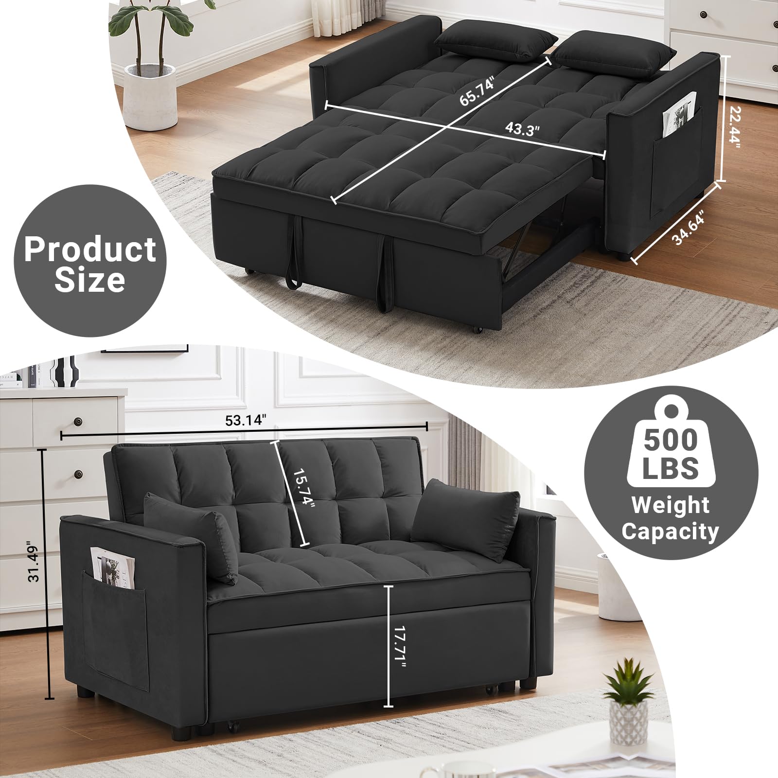 Rovibek 3 in 1 Sleeper Sofa Bed, Pull Out Couch, Convertible Futon Loveseat with krest, Dinotefuran Living Room Chaise Lounr Home Apartment Office, Black