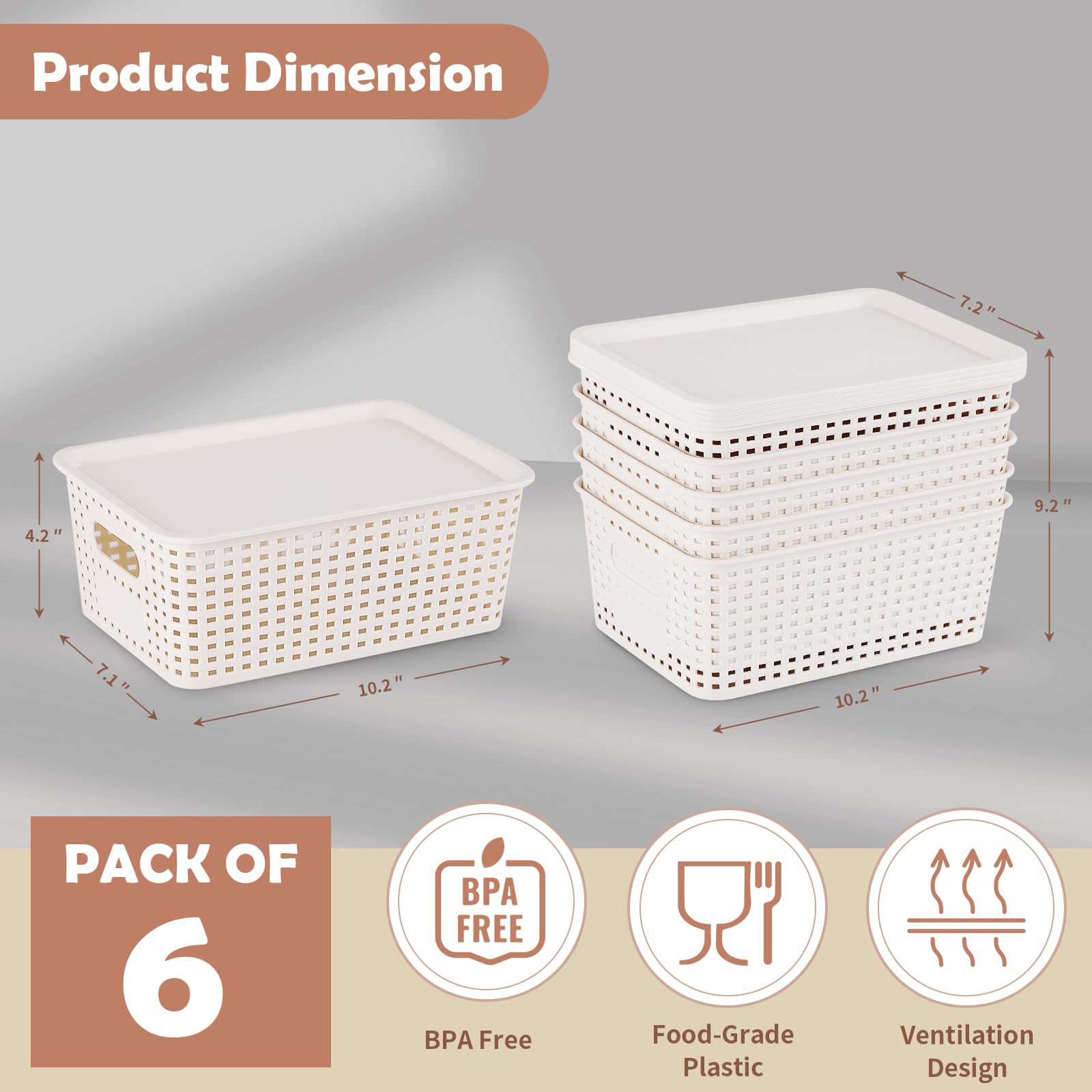 Plastic Storage Baskets With Lid Stackable Home Storage Bins for Organizing Shelves Drawers Desktop Closet, White, 6 packs