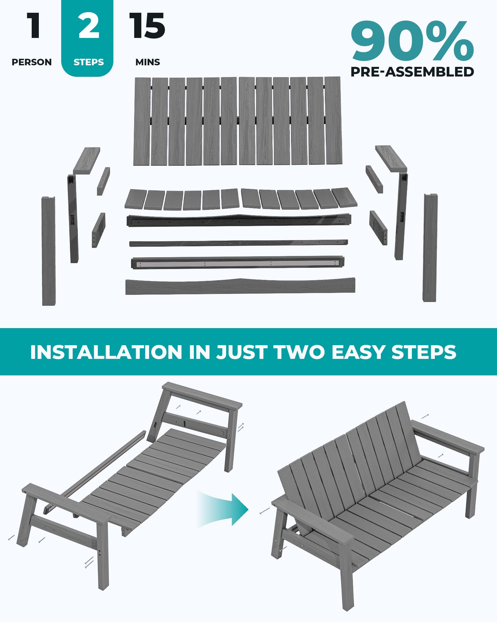 SERWALL Outdoor Bench for 2 Person, Grey 1 Pack