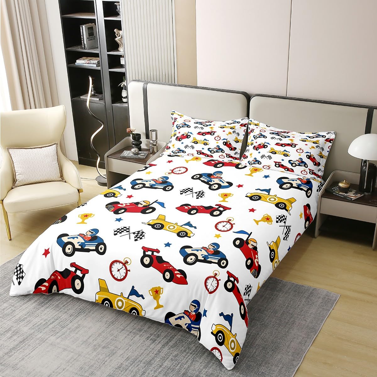 jejeloiu Kids Boys Cartoon Car Bedding Set Twin Size Race Car Bedding Set for Kids Teens Boys Sports Cars Comforter Cover Set Quilt Cover,No Comforter