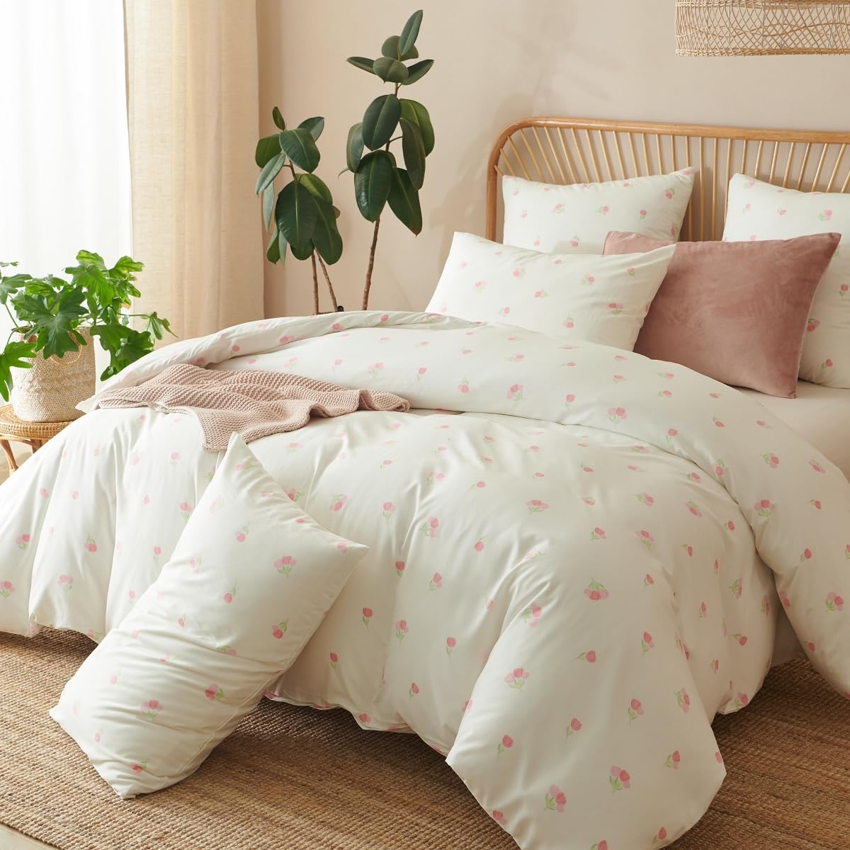 Erwinmu Floral Duvet Cover Set Queen Size,White Pink Tulip Pattern Bedding Duvet Cover with Zipper Closure,Breathable Microfiber Comforter Cover 90"x90" and 2 Pillowcases 20"x30"