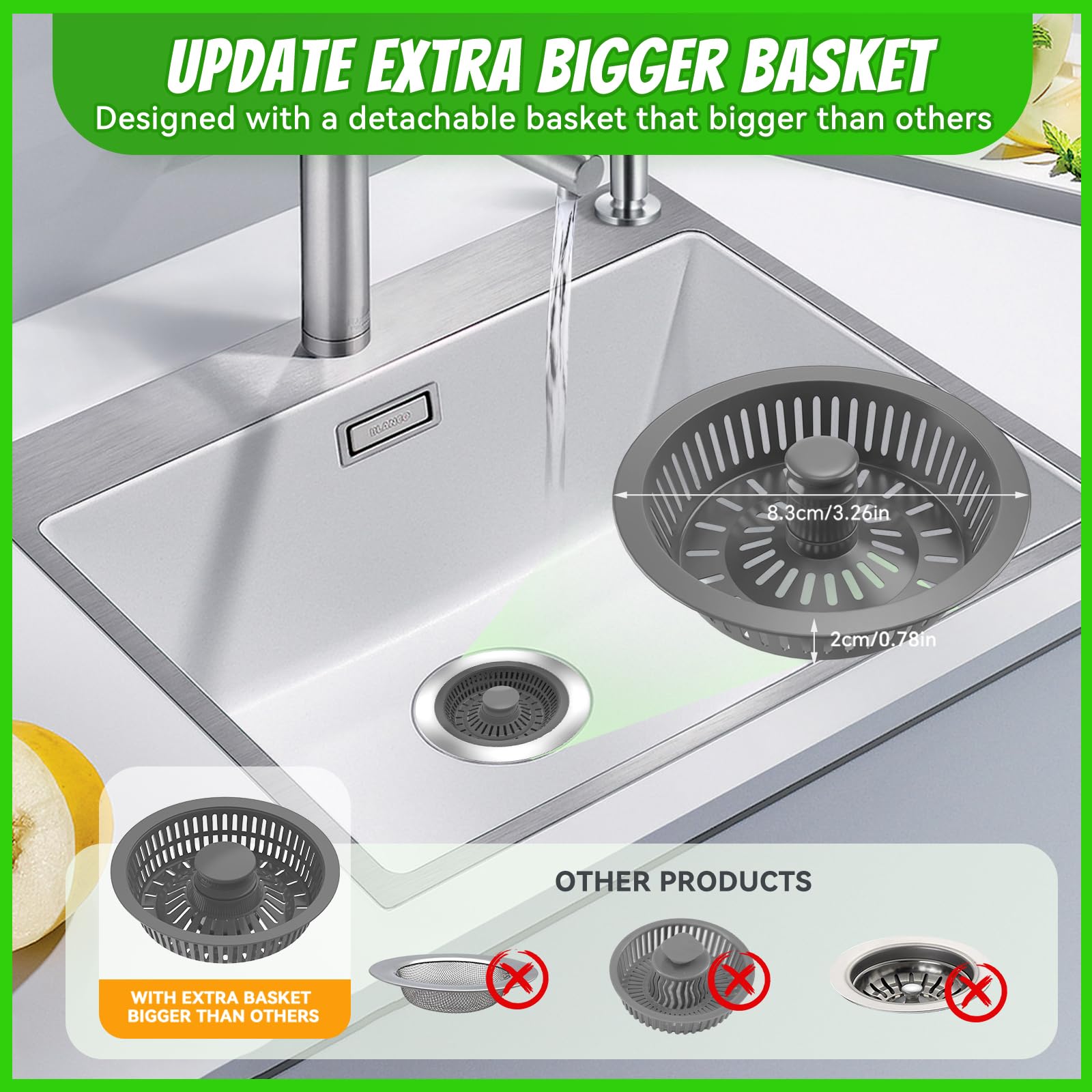 Kitchen Sink Drain Strainer, Pop-up Sink Stoppers, 3 in 1 Sink Drain Strainer, Upgraded Larger Sink Strainer Filter Basket, Cleaning Brush for US Sink Standard 3-1/2 Inch Drain Strainers