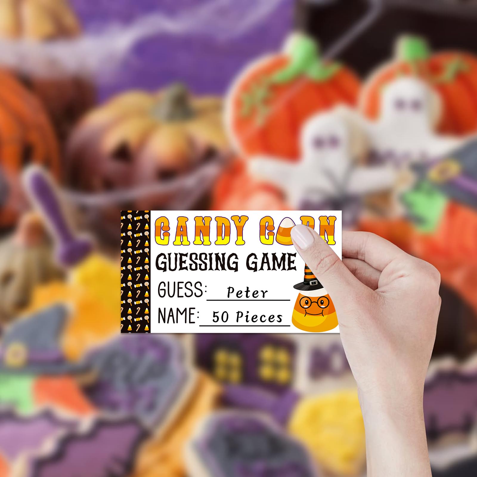 BIZIBAFF Guess How Many Candy Corns Halloween Party Game 50 Candies Guessing Game Cards Halloween Baby Shower Party Game for Adults Guess How Many Candies are in The Jar Halloween Party Supplies