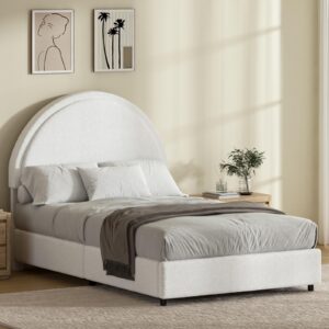 REVOMINCA Twin Size Bed Frame, Upholstered Boucle Bed Frame with Headboard, Modern Twin Beds, Soft Arch Shaped Round Headboard, No Box Spring Required, Easy Assembly, White