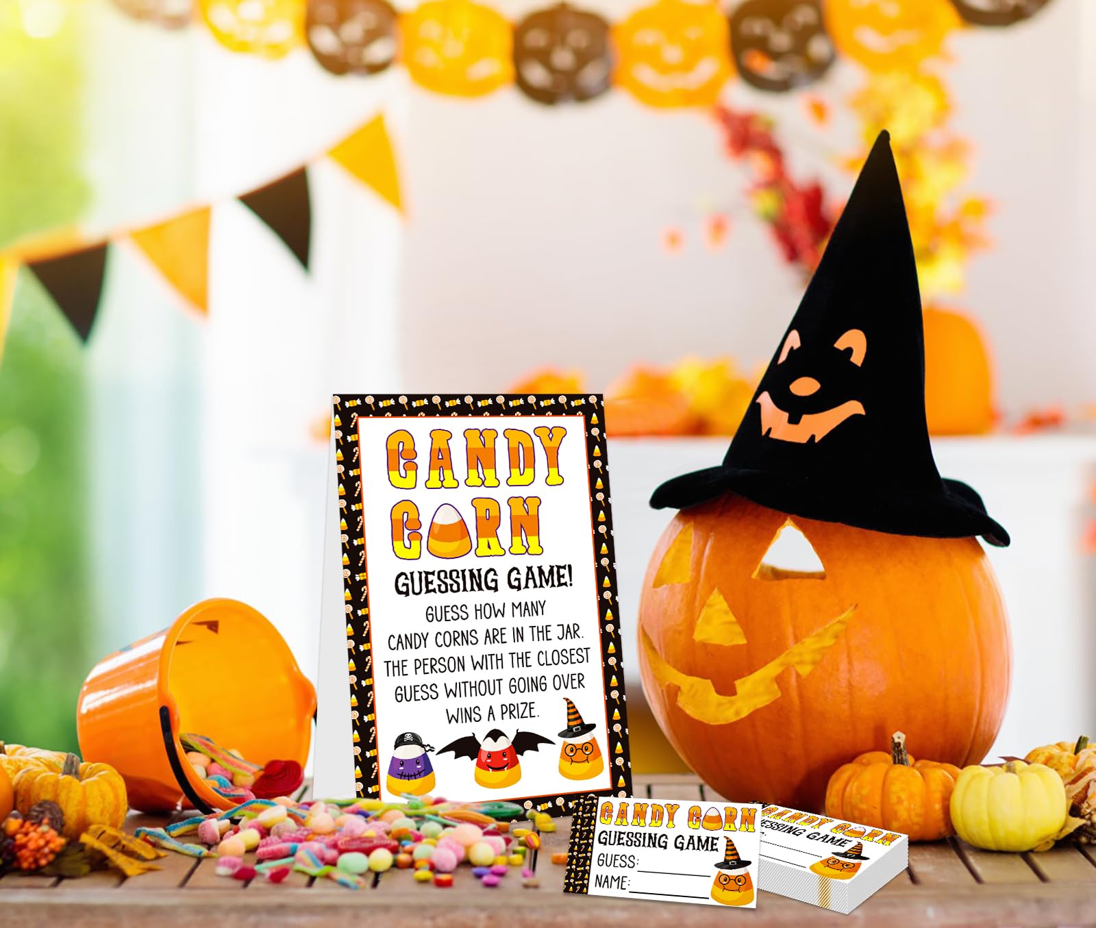 BIZIBAFF Guess How Many Candy Corns Halloween Party Game 50 Candies Guessing Game Cards Halloween Baby Shower Party Game for Adults Guess How Many Candies are in The Jar Halloween Party Supplies