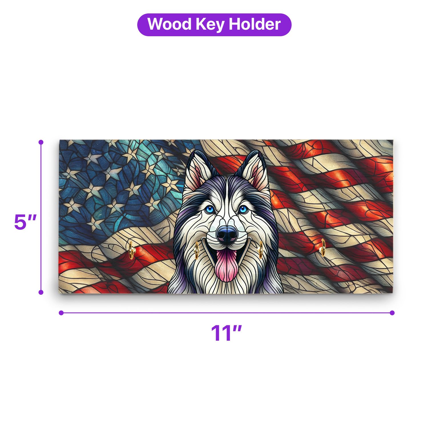 Ninety3POD Patriotic Siberian Husky Stained Glass Portrait American Flag Wood Key Holder Husky Dog Lover Gifts Wall-Mounted Key Rack Home Decor - 010