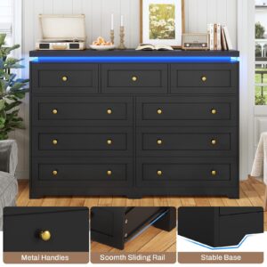 AOGLLATI Tall Dresser for Bedroom with 9 Drawers,55.1” Long Black Dresser with Led Lights, Modern Chest of Drawers, Led Wide Bedroom Dresser with Top Floating Design for Bedroom Hallway,Black