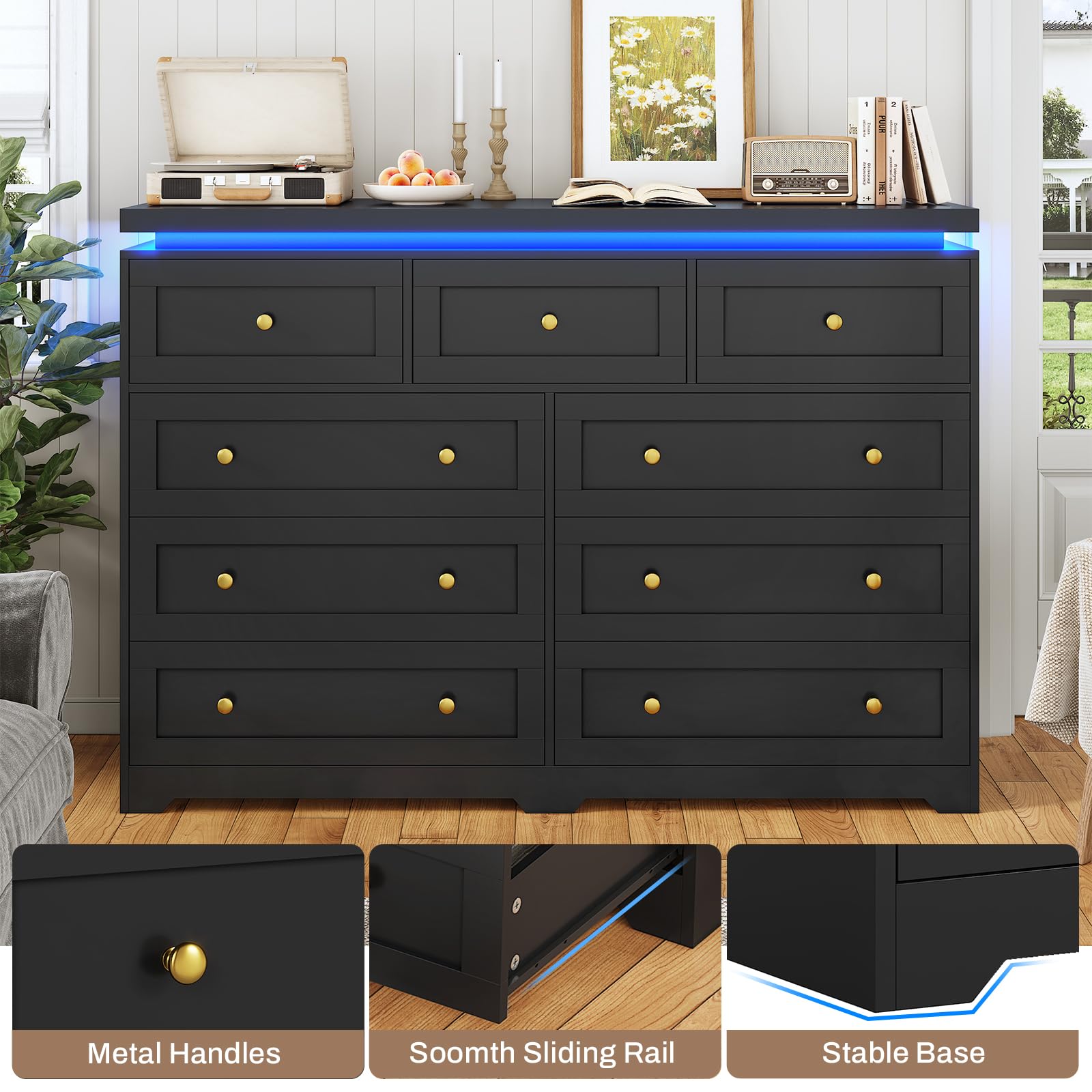 AOGLLATI Tall Dresser for Bedroom with 9 Drawers,55.1” Long Black Dresser with Led Lights, Modern Chest of Drawers, Led Wide Bedroom Dresser with Top Floating Design for Bedroom Hallway,Black