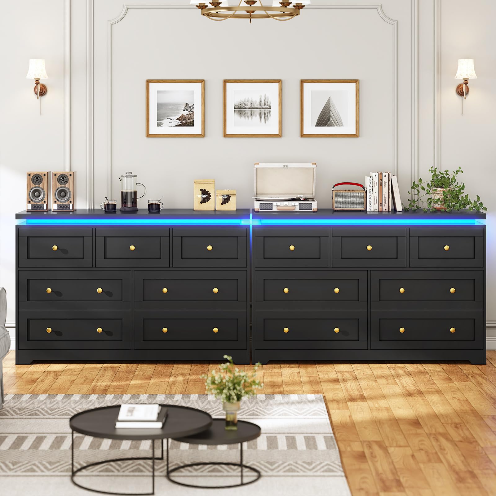 AOGLLATI Dresser for Bedroom, Black Dresser with 7 Drawers, Dressers & Chest of Drawers, Modern Led Wide Long Bedroom Dresser with Top Floating Design for Bedroom Hallway,Black