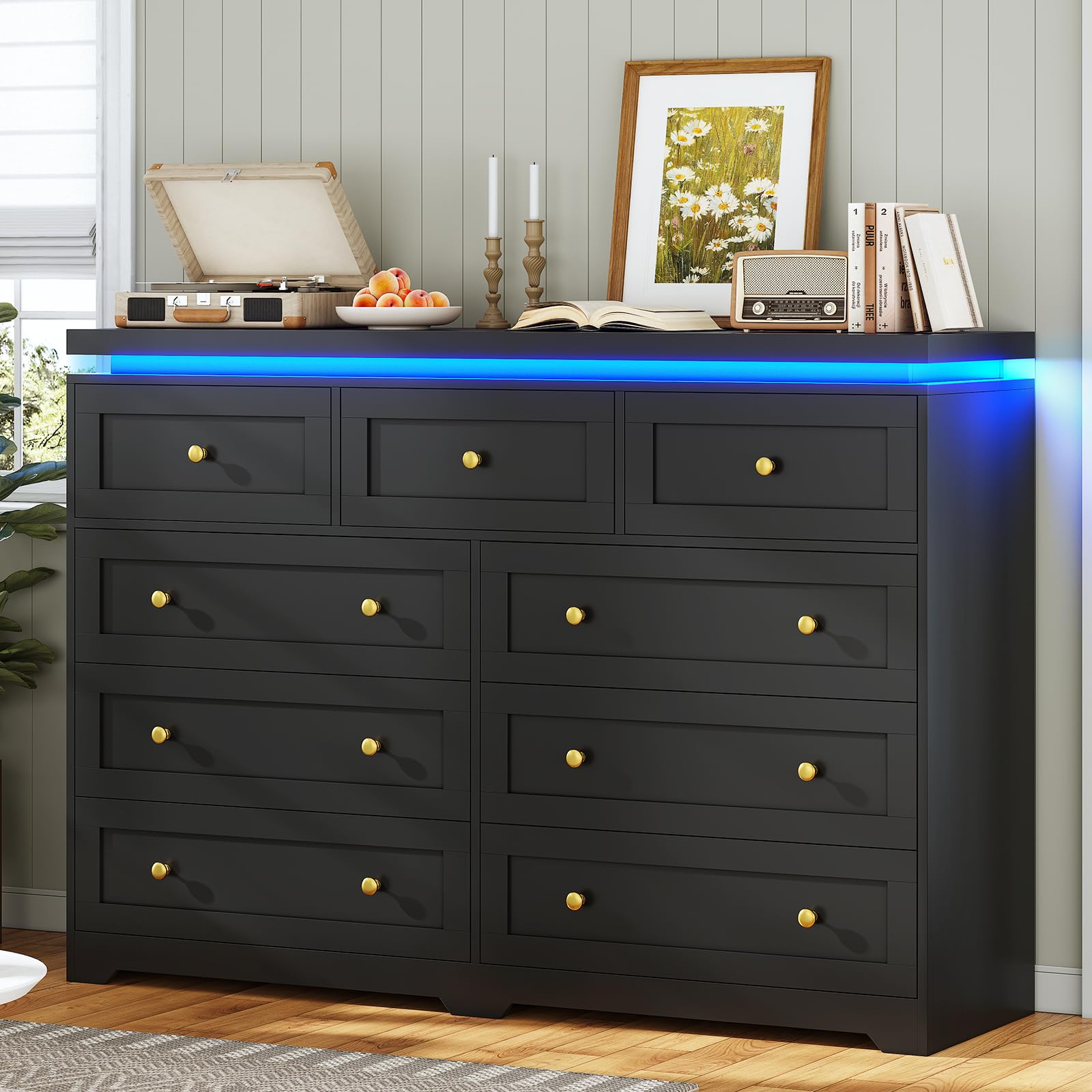 AOGLLATI Tall Dresser for Bedroom with 9 Drawers,55.1” Long Black Dresser with Led Lights, Modern Chest of Drawers, Led Wide Bedroom Dresser with Top Floating Design for Bedroom Hallway,Black