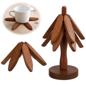 partykindom wooden trivets for hot dishes: walnut tree coasters foldable wood tree trivets for hot pots bowl teapot pans christmas table decor (3 layers + 1 stand)