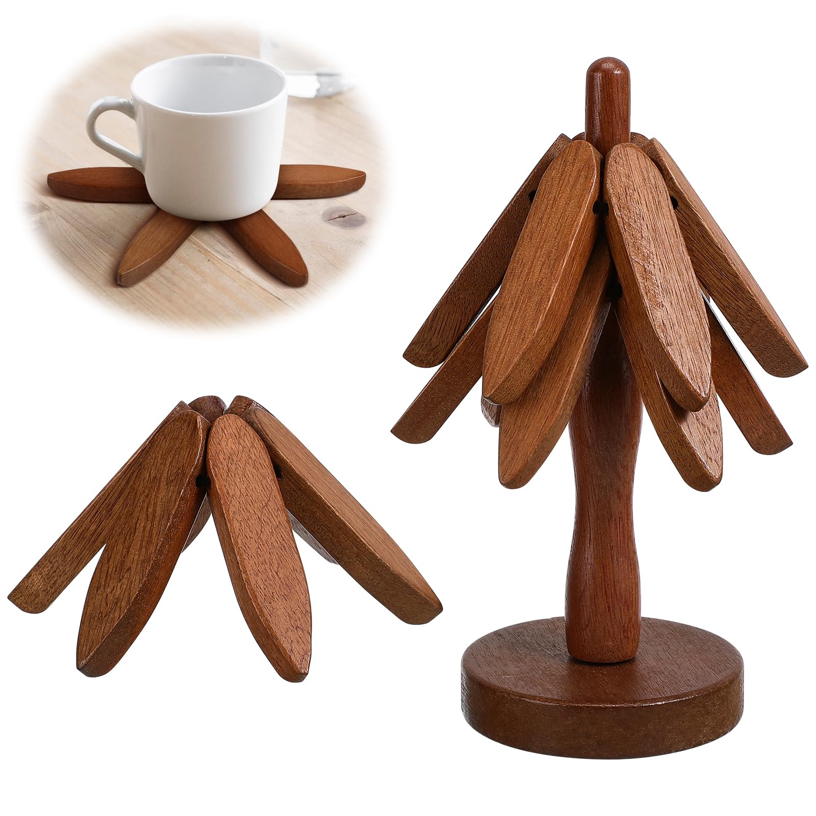 PartyKindom Wooden Trivets for Hot Dishes: Walnut Tree Coasters Foldable Wood Tree Trivets for Hot Pots Bowl Teapot Pans Christmas Table Decor (3 Layers + 1 Stand)