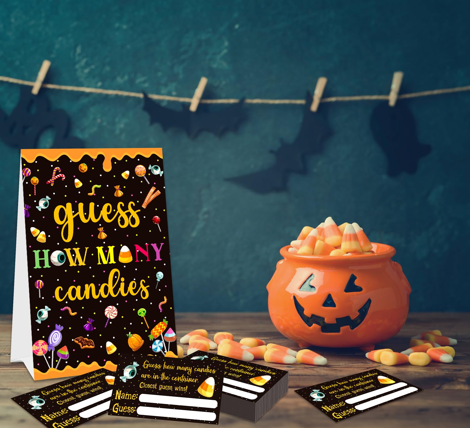 BIZIBAFF Halloween Guess How Many Candies Game Halloween Candy Party Game for Adults Women 50 Candies Guessing Game Cards Halloween Baby Shower Party Game Decoration Halloween Party Favors Supplies