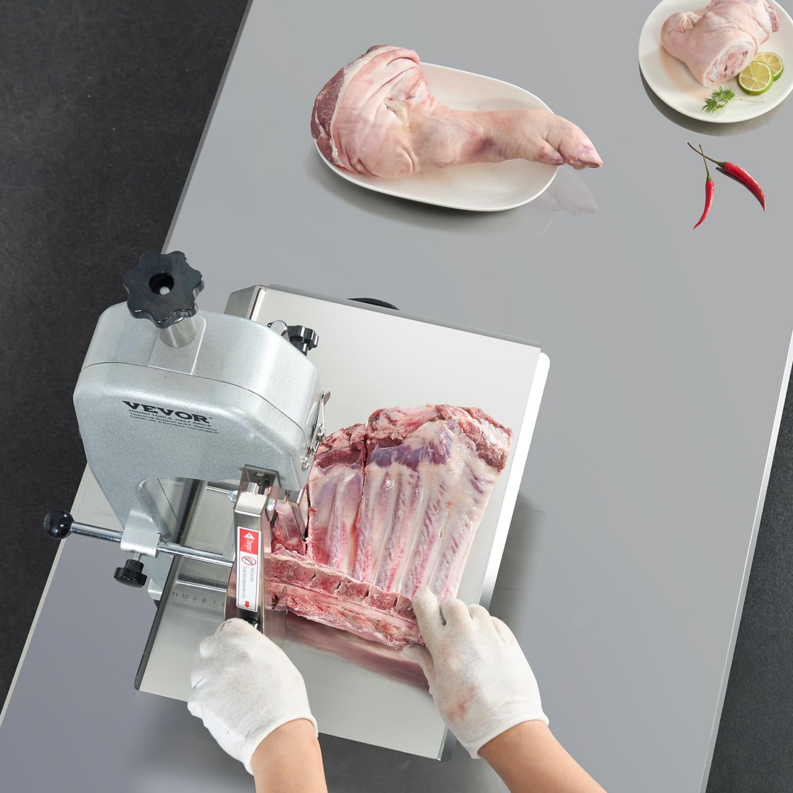 VEVOR Commercial Electric Meat Bandsaw, 650W Stainless Steel Countertop Bone Sawing Machine, Workbeach 12.4" x 18.1", 4.33 Inch Max Cutting Thickness, Frozen Meat Cutter for Rib Pork Beef