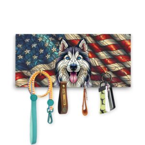 ninety3pod patriotic siberian husky stained glass portrait american flag wood key holder husky dog lover gifts wall-mounted key rack home decor - 010