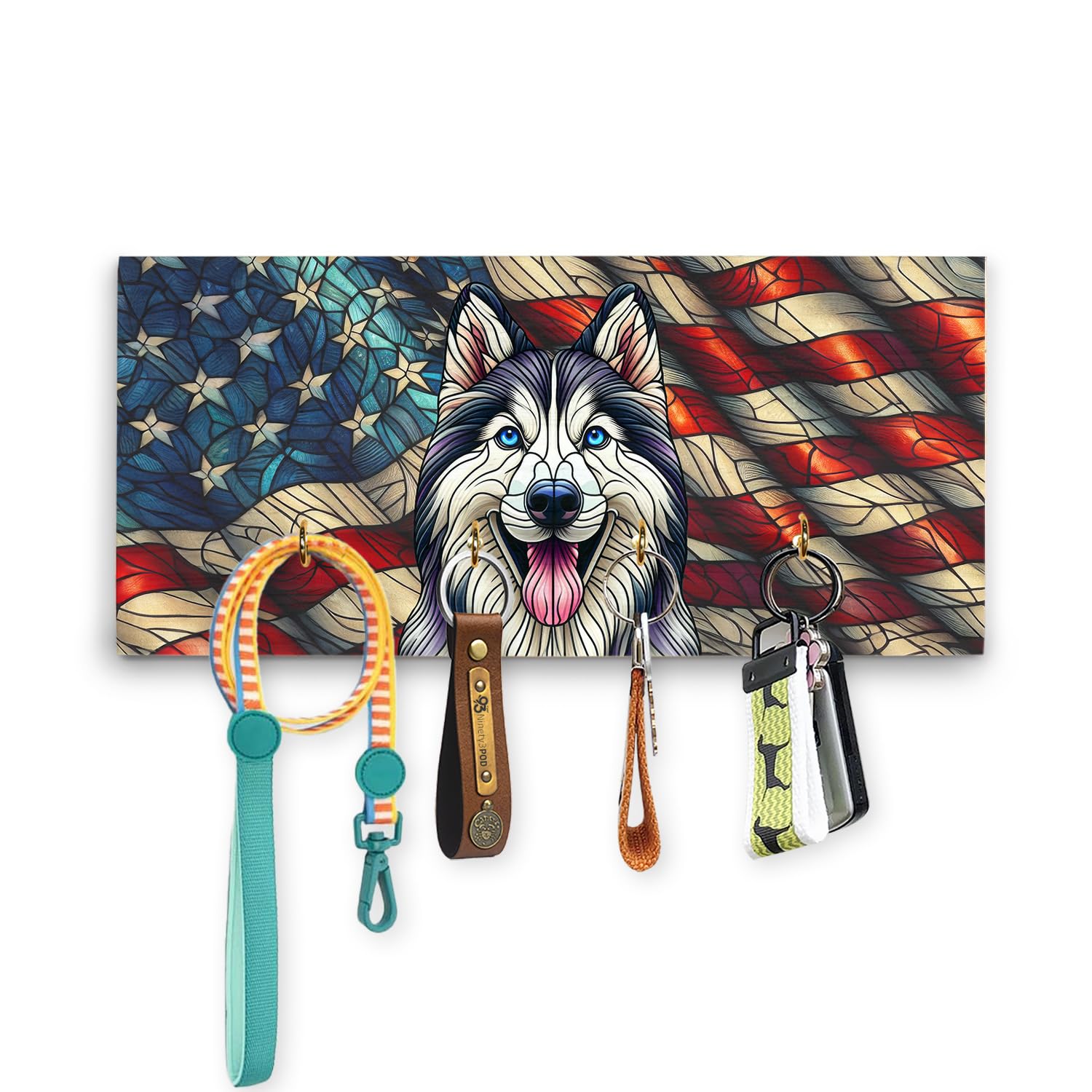 Ninety3POD Patriotic Siberian Husky Stained Glass Portrait American Flag Wood Key Holder Husky Dog Lover Gifts Wall-Mounted Key Rack Home Decor - 010