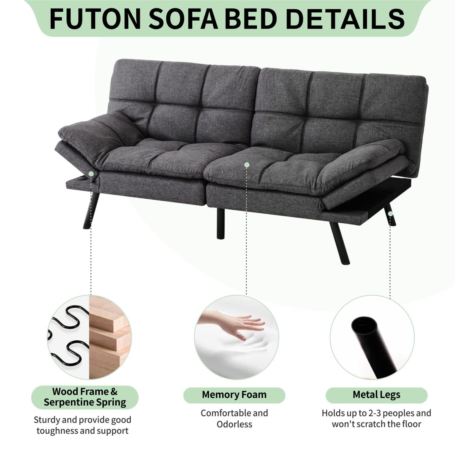 MUUEGM Futon Sofa Bed, Convertible Memory Foam Couch Bed, 71" Adjustable Backrests Armrests Couch Sleeper, Modern Love Seat for Living Room,Apartment,Office,Charcoal Grey