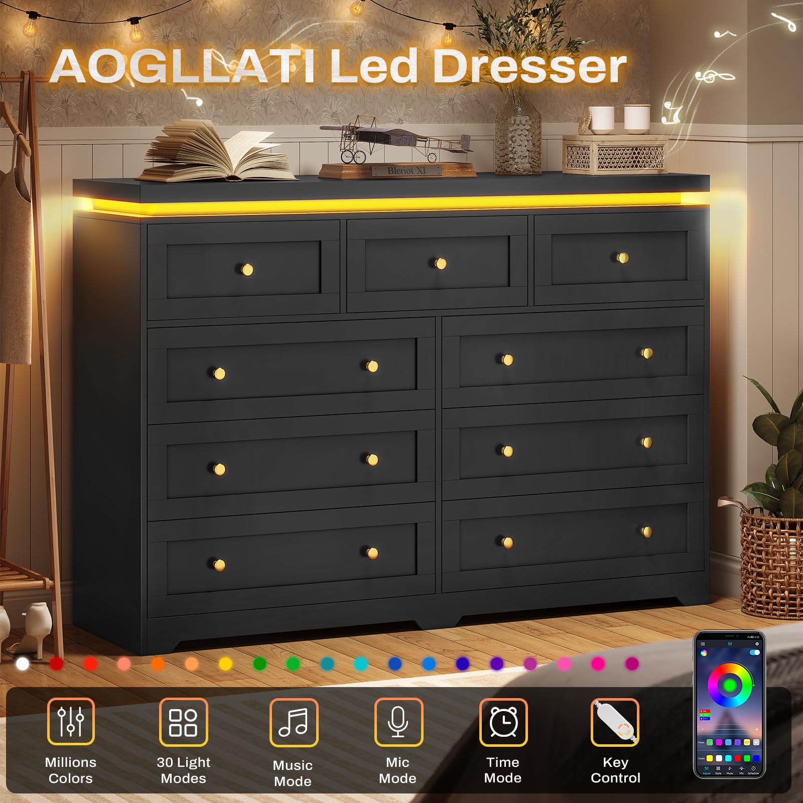 AOGLLATI Tall Dresser for Bedroom with 9 Drawers,55.1” Long Black Dresser with Led Lights, Modern Chest of Drawers, Led Wide Bedroom Dresser with Top Floating Design for Bedroom Hallway,Black