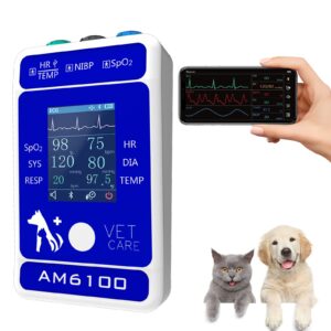 handheld veterinary pulse oximeter,rechargeable dog blood pressure monitor, 6 parameters animal patient mnitoring equipment with 2.4" display and bluetooth for family pets cat home clinic use