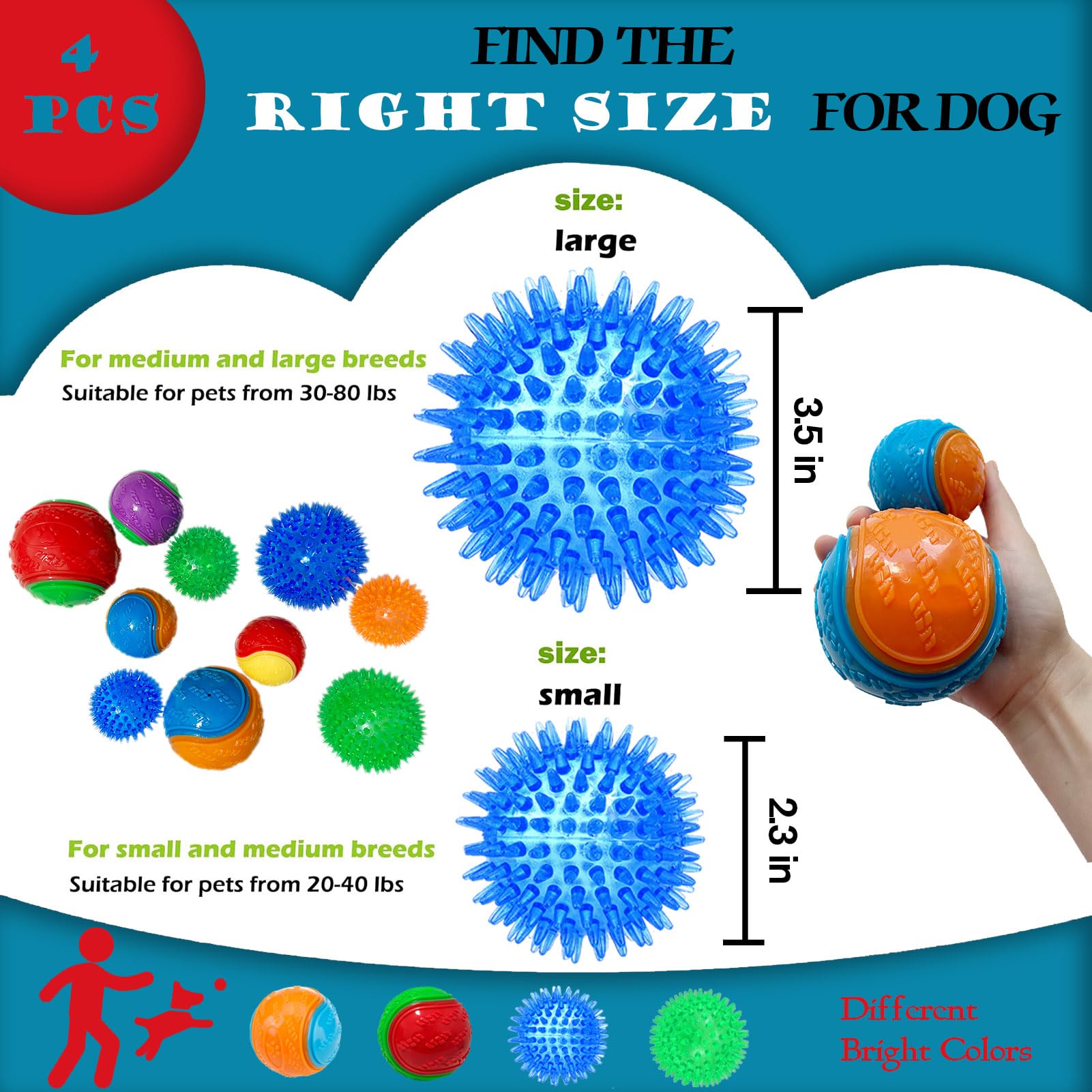 Cdyzqikm 3.5in Squeaky Dog Toy Ball Pack High Bouncy Ball for Interactive Playing Spikys Pet Balls for Teeth Cleaning Durable Tough Chew Toys for Medium & Large Dogs Fetch Training Teething Balls 4Pcs