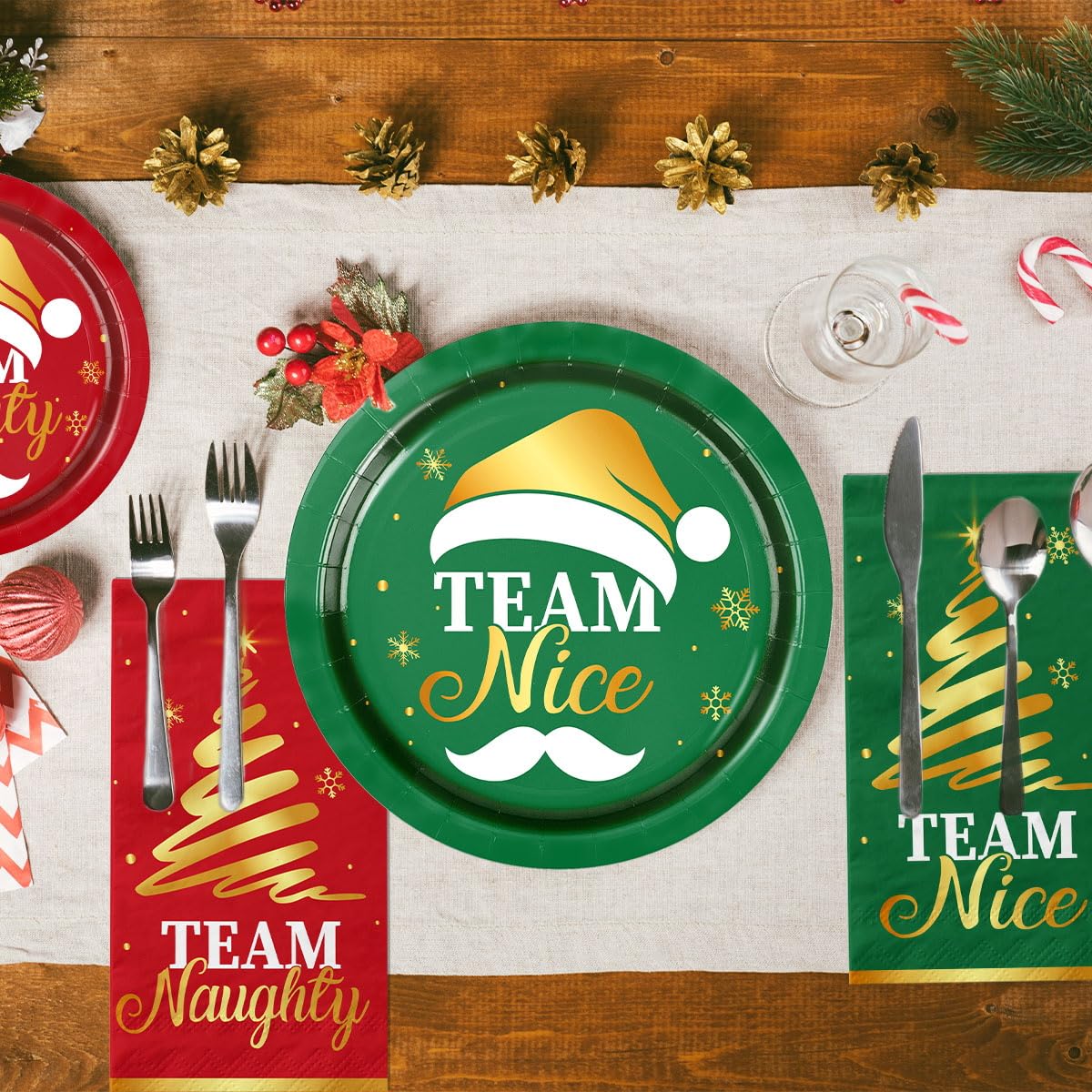 Pymurod 60pcs Naughty or Nice Plates and Napkins Team Naughty Team Nice Christmas Decorations Disposable Christmas Plates Napkins Paper Tableware for Xmas Holiday Christmas Party Supplies