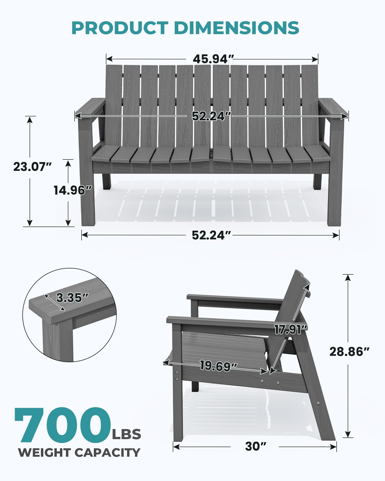 SERWALL Outdoor Bench for 2 Person, Grey 1 Pack