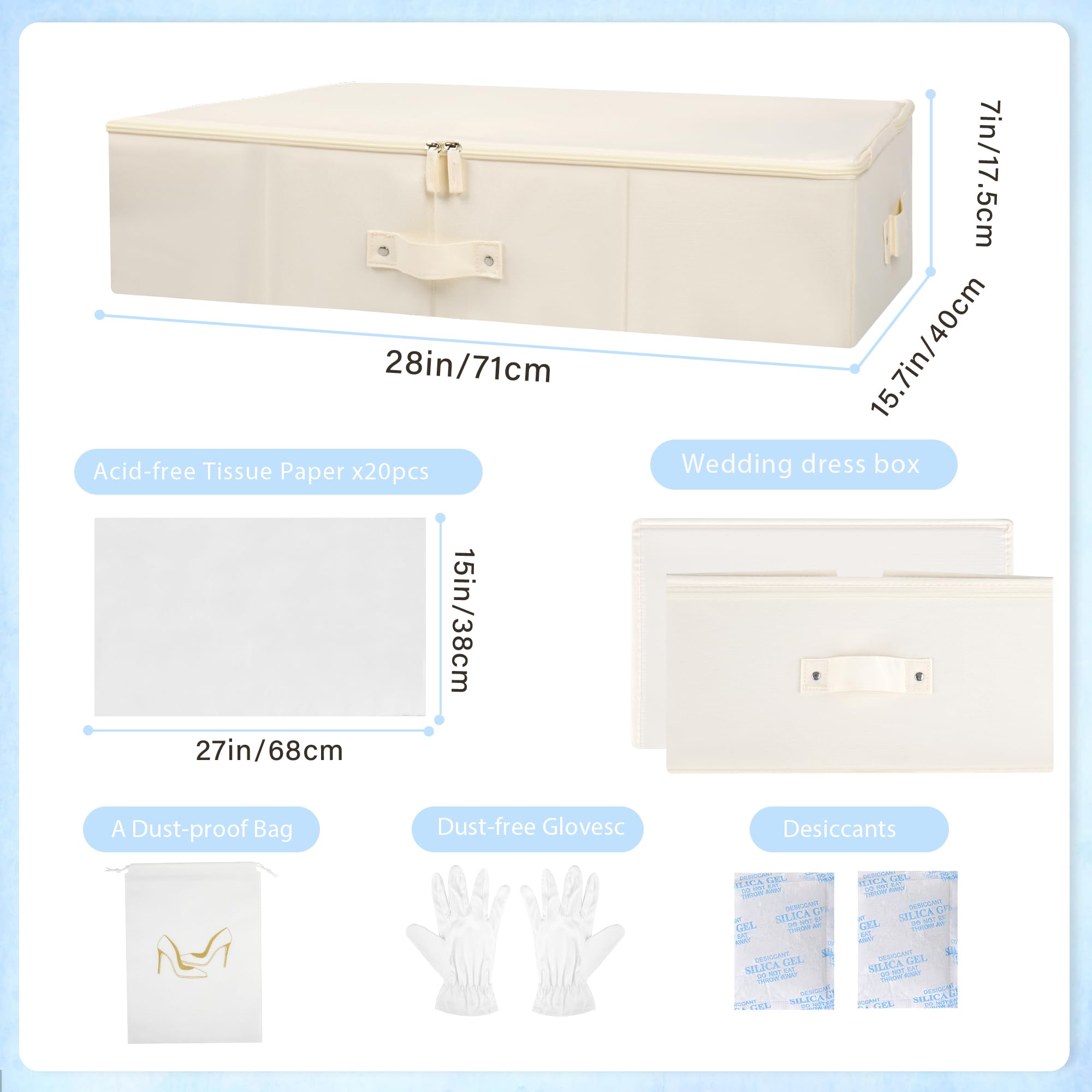 Wedding Dress Storage Box - Wedding Dress Preservation Box with Microfiber Gloves, 20 Sheets of Acid Free Paper and Dustproof Bag, Bridal Essentials, Heirloom Breathable Wedding Dress Box (Beige)