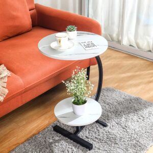 BAOYOUNI Round End Storage Table C-Shaped Sofa Coffee Side Table Circle Potted Plant Stand with Shelf and Metal Frame for Small Spaces, Living Room, Bedroom, Office