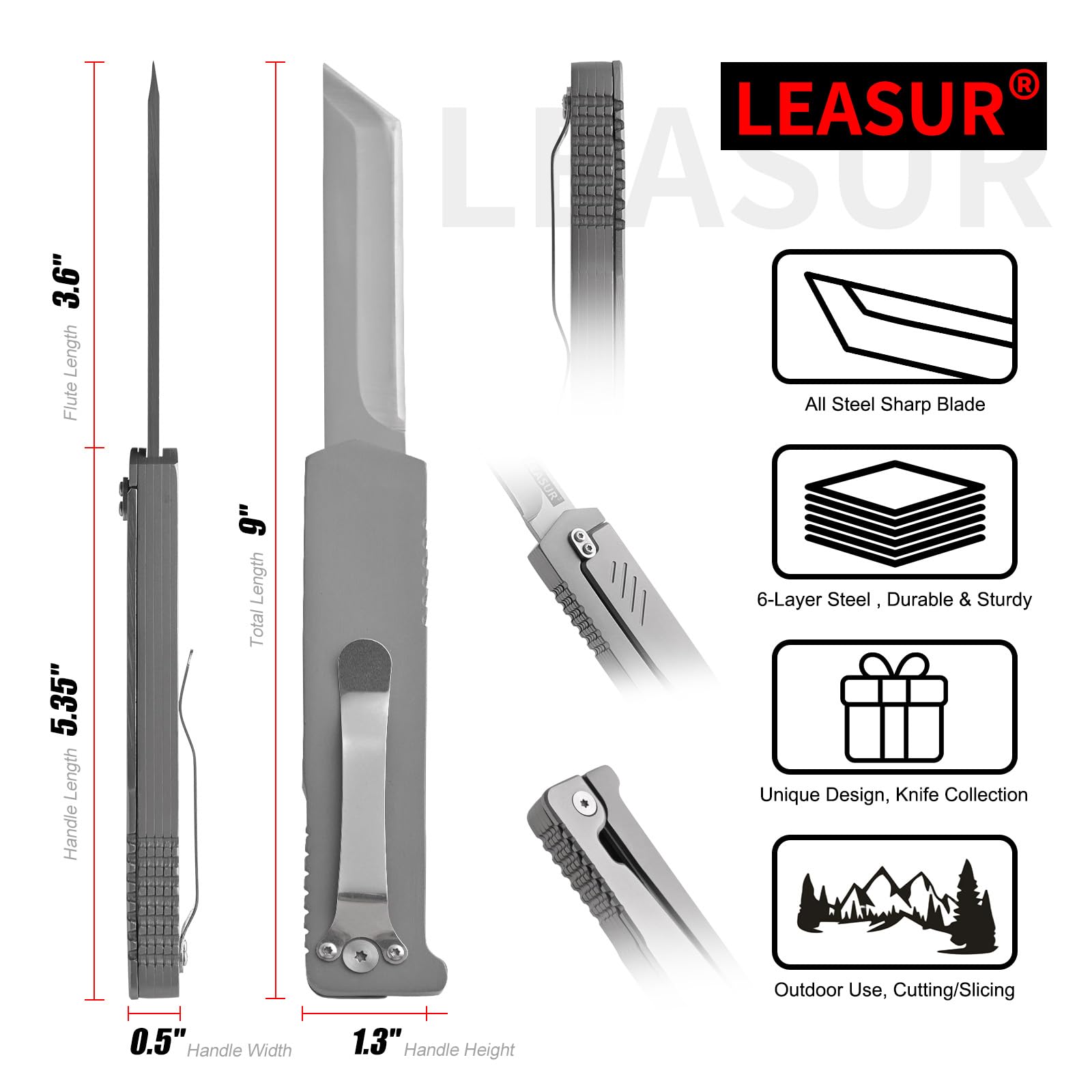 LEASUR Tactical Knife, Folding Knife,9" All Steel Blade Pocket knife with Belt Clip,Outdoor Knife for Camping,Fishing and Hiking