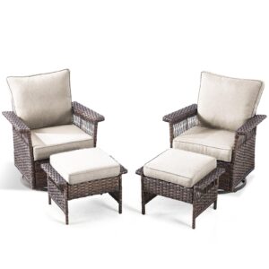 artfurniz outdoor swivel glider chairs - 4 pieces hollow widen armrests wicker patio furniture set with ottomans, high back outside swivel rocker for balcony porch deck and yard - brown/beige