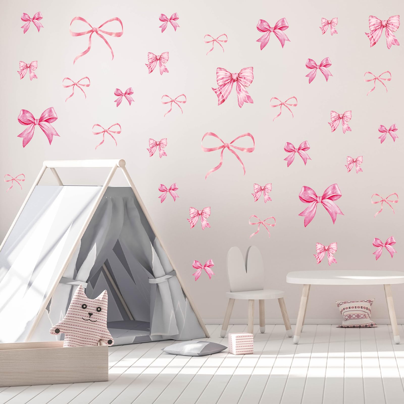 Whaline 12 Sheets Trendy Pink Bow Wall Stickers Light Pink Bow Knot Wall Decals Watercolor Room Mural Stickers for Girls Party Home Nursery, 7.9 x 11.8 Inch