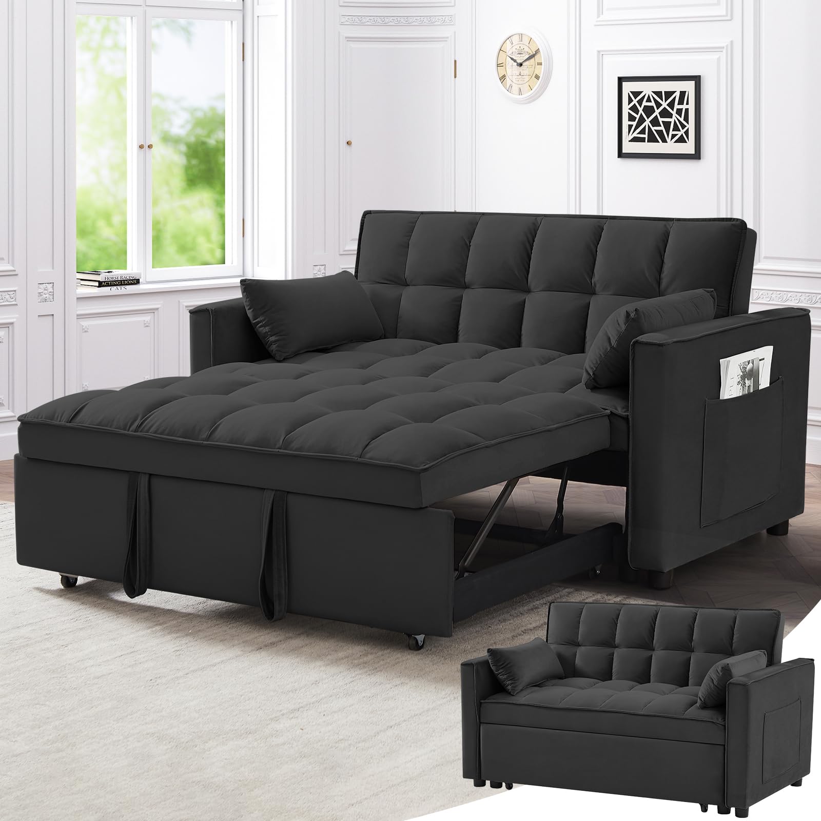 Rovibek 3 in 1 Sleeper Sofa Bed, Pull Out Couch, Convertible Futon Loveseat with krest, Dinotefuran Living Room Chaise Lounr Home Apartment Office, Black