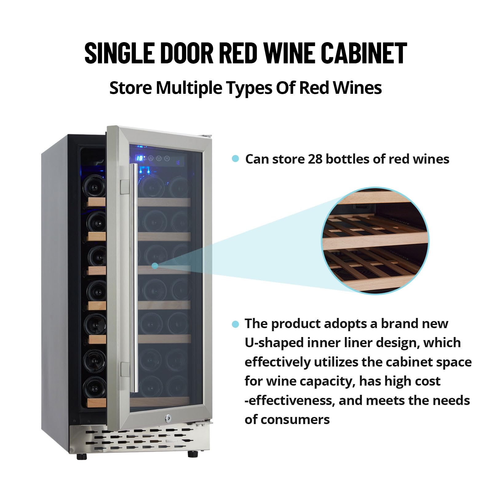 Wine Refrigerator, 28 bottles Wine Cooler Refrigerator, Compact Fridge with 34-65℉ Digital Temperature Control, LED Touch, Built-in Glass Door Free Standing, Red, White Wine for Bar, Home