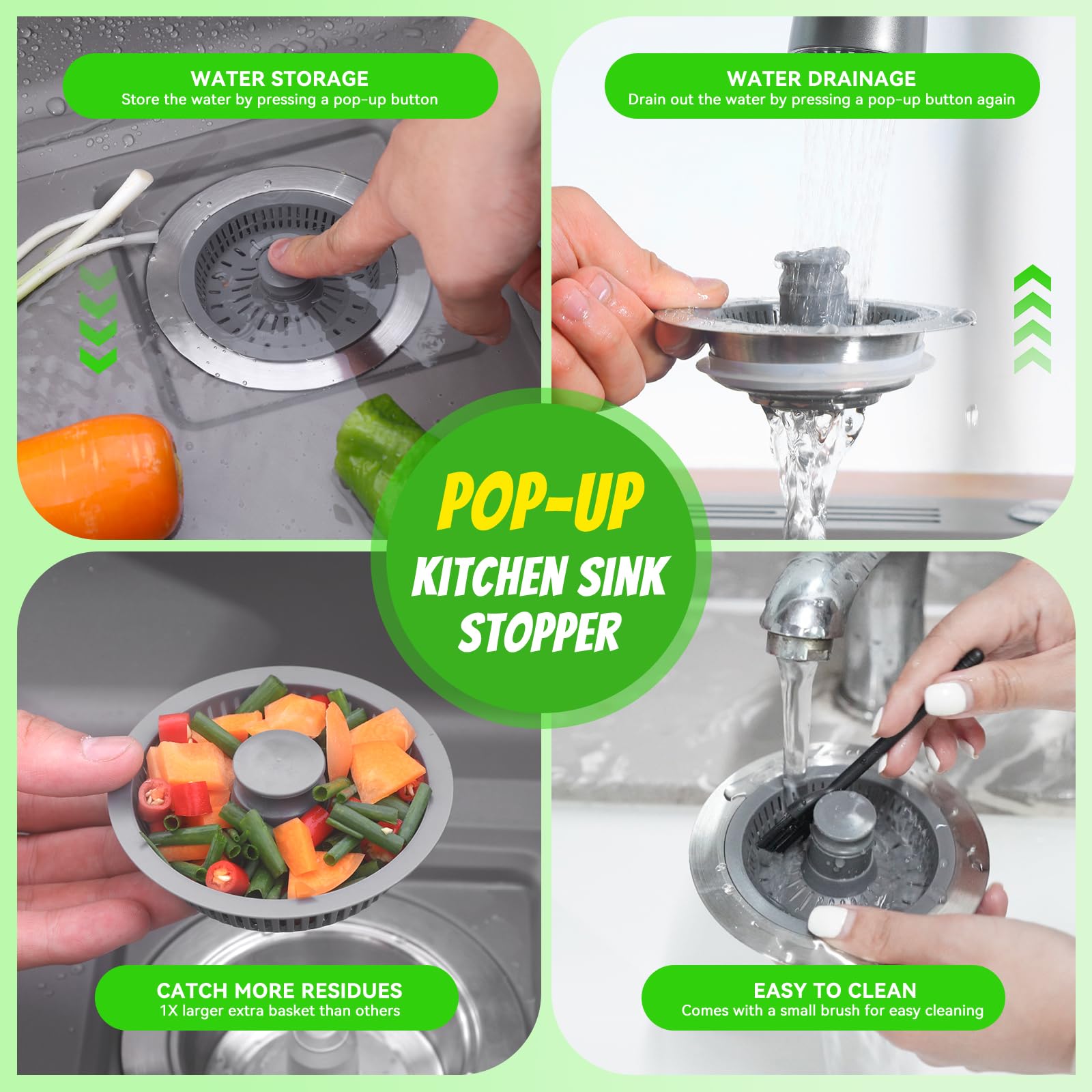 Kitchen Sink Drain Strainer, Pop-up Sink Stoppers, 3 in 1 Sink Drain Strainer, Upgraded Larger Sink Strainer Filter Basket, Cleaning Brush for US Sink Standard 3-1/2 Inch Drain Strainers