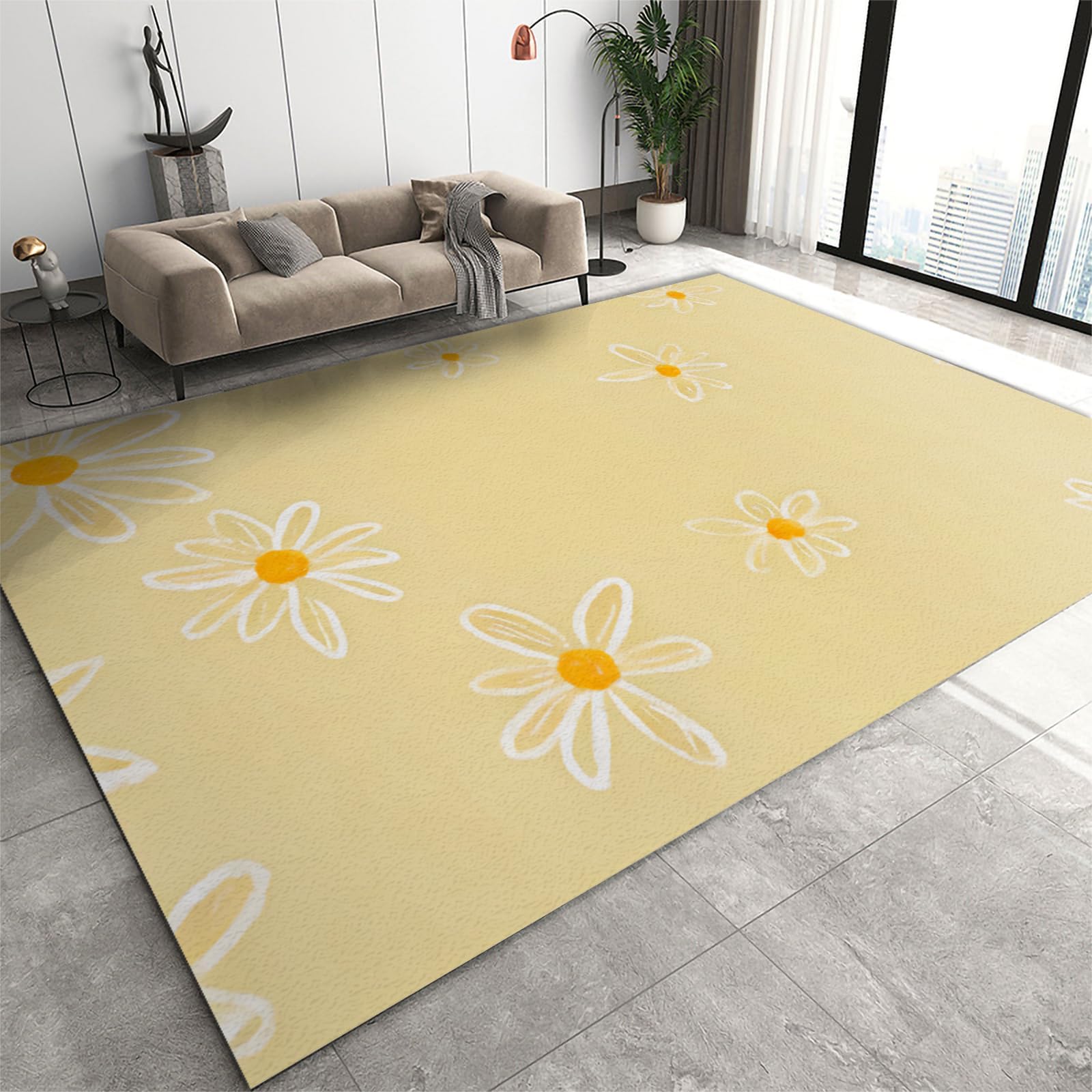 TIMOILU 3x5 Rug Light Yellow Sunshine Daisy Washable Rugs, Simple Nordic Freshness Bedroom Rugs with Non Slip Backing for Bedroom Hotel Hardwood Floors Garage Farmhouse