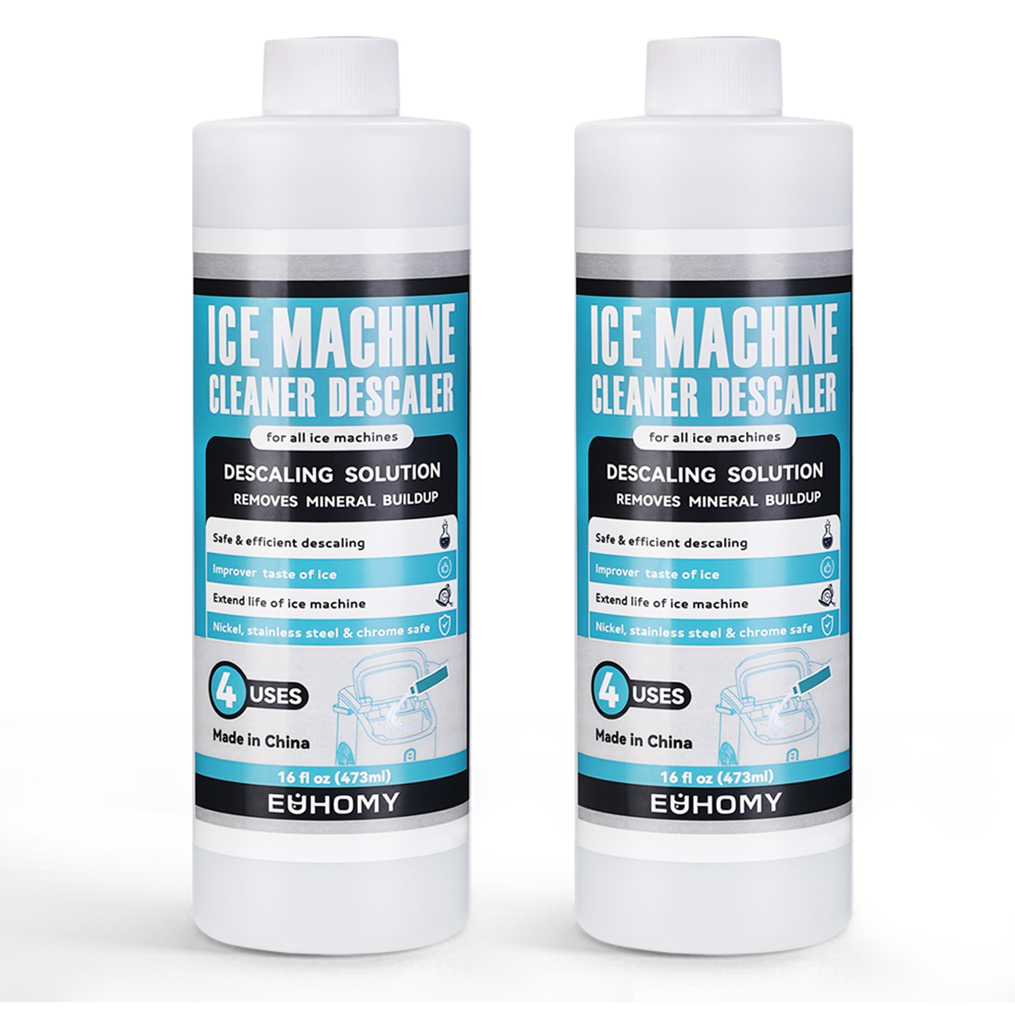 EUHOMY Ice Machine Cleaner Descaler, 32 Fl OZ Ice Maker Cleaner (8 Uses), Ideal Universal Descaling Solution for All Brands Ice Maker, Single Use Coffee and Espresso Machines (2 Bottles)