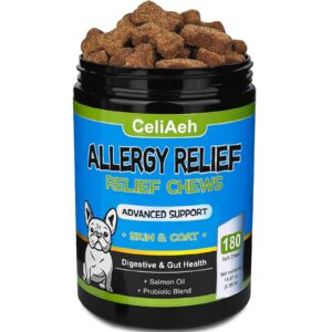 dog allergy relief chews, salmon oil skin & coat supplement with colostrum, probiotics, dog itching skin relief, dry skin, itchy paws - seasonal allergies & hot spots support treats - 180 count 450g