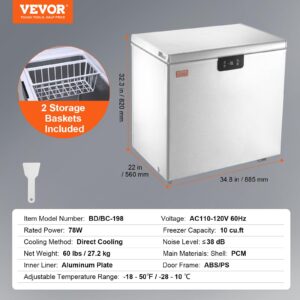 VEVOR Chest Freezer, 10 Cu.ft Compact Deep Freezer, Free Standing Top Open Door Compact Freezers with 2 Removable Baskets & Adjustable Thermostat, Energy Saving & Low Noise, White