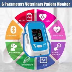 Veterinary Blood Pressure Monitor for Dog,Pulse Oximeter for Pet with Bluetooth,6 Parameters Veterinary Patient Monitoring Equipment,Rechargeable Animal Vital Signs Monitor for Family Clinic Use