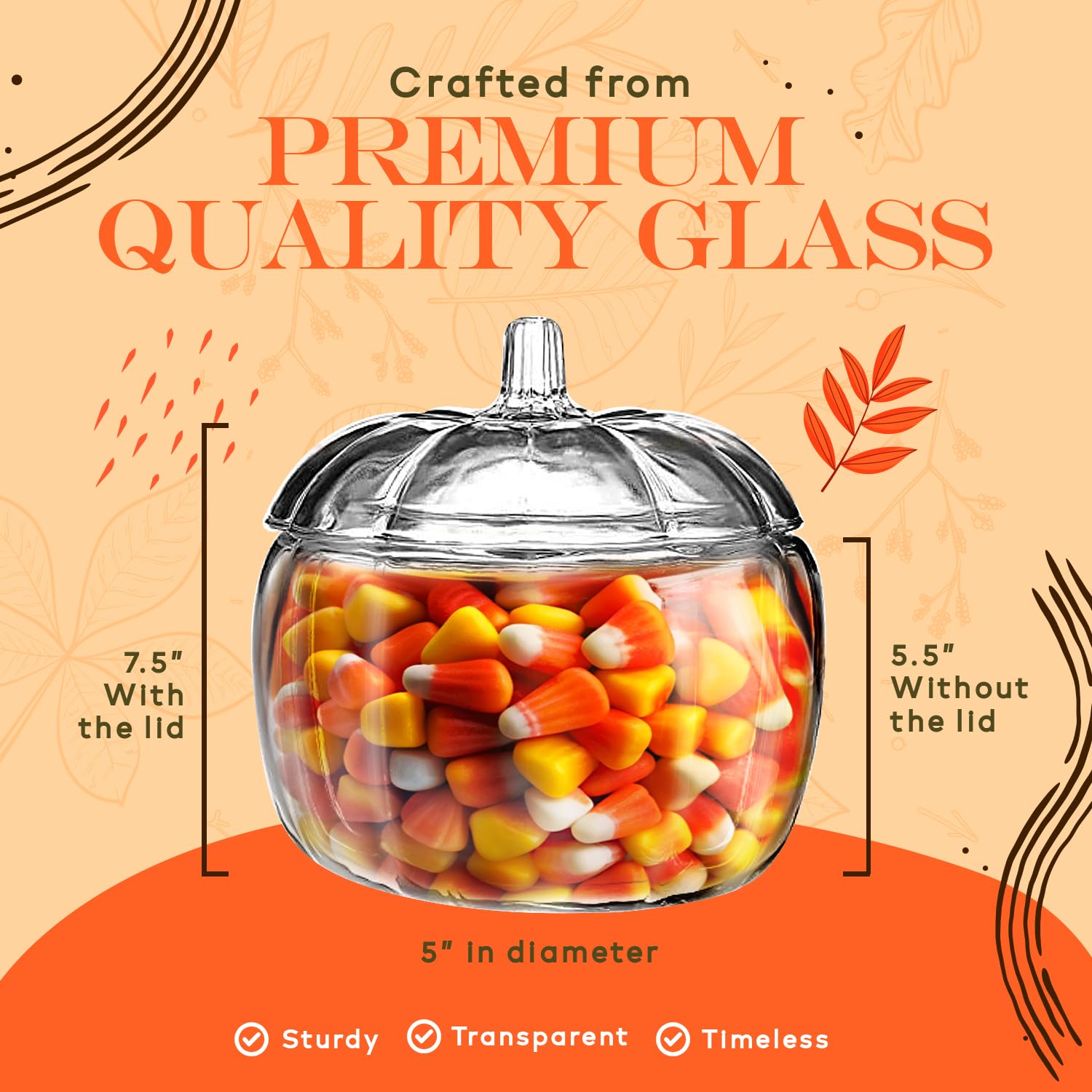 HOMESPHERE 70 oz. Glass Pumpkin Candy Jar with Lid – Large Storage Container for Halloween Treats, Candies and Cookies and Fall Décor Display