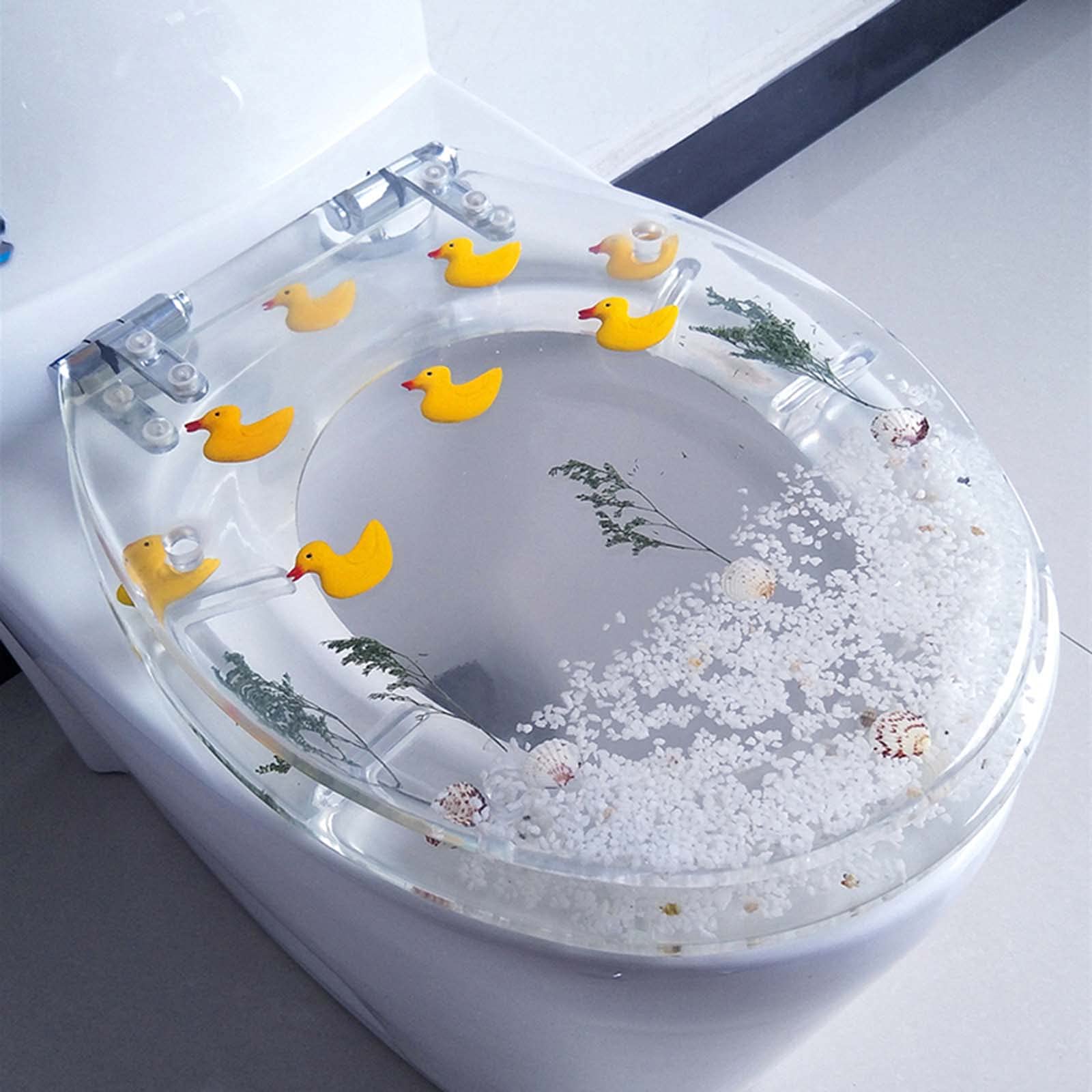 Transparent Elongated Toilet Seat,Resin 0.6 inch Thicken Toilet Seat,Round Toilet Seat, with Quietly Close and Quick Release Hinges, Little Yellow Duck