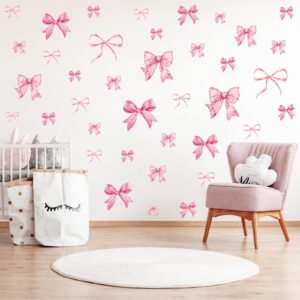 Whaline 12 Sheets Trendy Pink Bow Wall Stickers Light Pink Bow Knot Wall Decals Watercolor Room Mural Stickers for Girls Party Home Nursery, 7.9 x 11.8 Inch