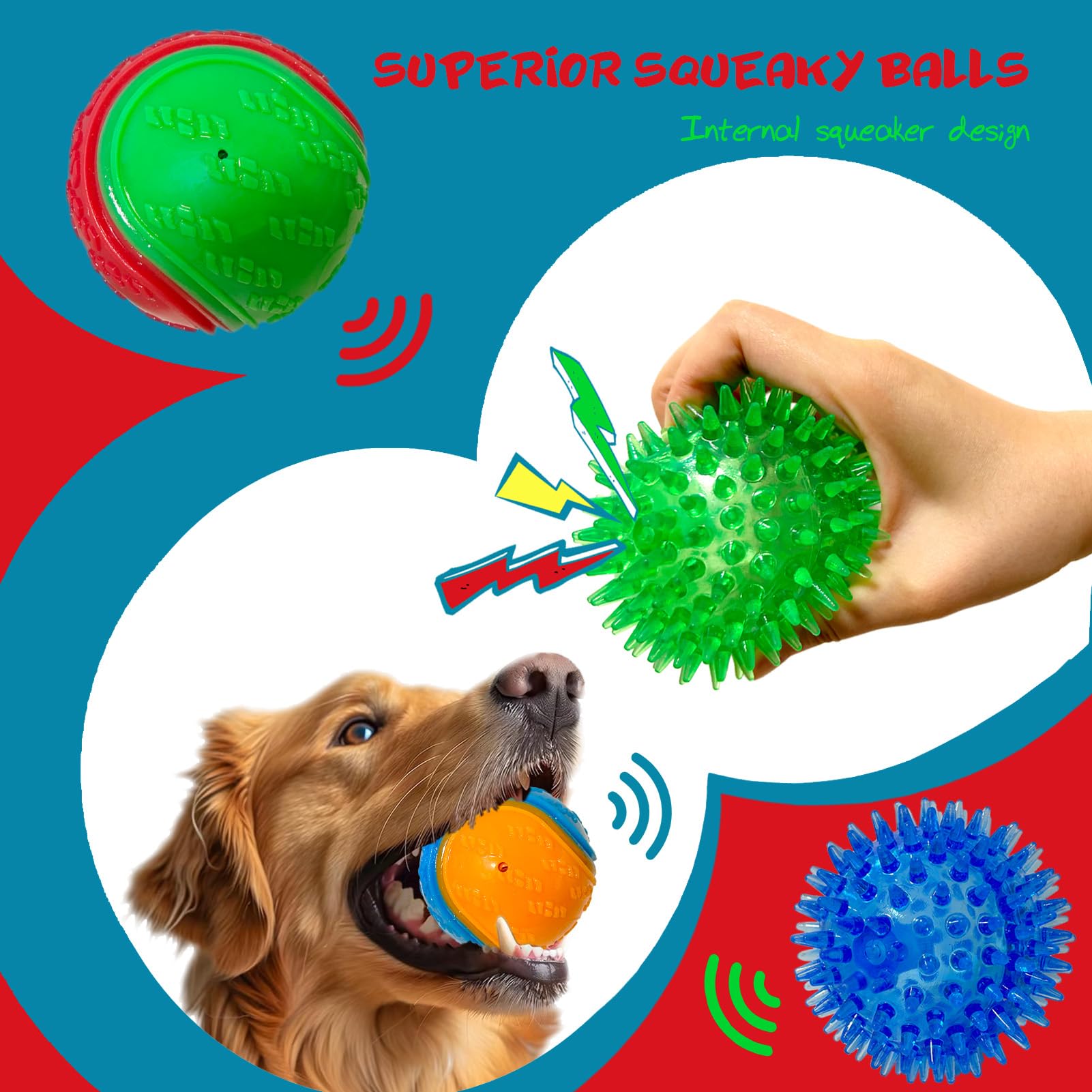 Cdyzqikm 3.5in Squeaky Dog Toy Ball Pack High Bouncy Ball for Interactive Playing Spikys Pet Balls for Teeth Cleaning Durable Tough Chew Toys for Medium & Large Dogs Fetch Training Teething Balls 4Pcs