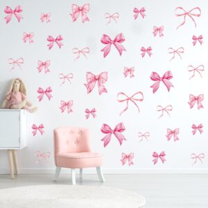 Whaline 12 Sheets Trendy Pink Bow Wall Stickers Light Pink Bow Knot Wall Decals Watercolor Room Mural Stickers for Girls Party Home Nursery, 7.9 x 11.8 Inch