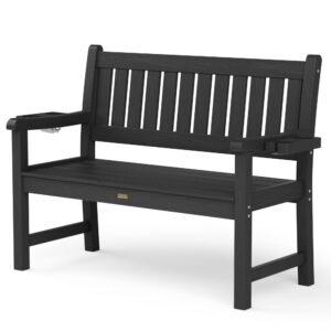 yefu outdoor bench, 2-person garden benches, all weather hips patio seating bench with 2 cup holders, patio park bench for patio, front porch, outdoors, backyard, and park, load up to 800 lbs, black