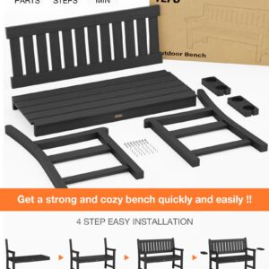 YEFU Outdoor Bench, 2-Person Garden Benches, All Weather HIPS Patio Seating Bench with 2 Cup Holders, Patio Park Bench for Patio, Front Porch, Outdoors, Backyard, and Park, Load up to 800 Lbs, Black