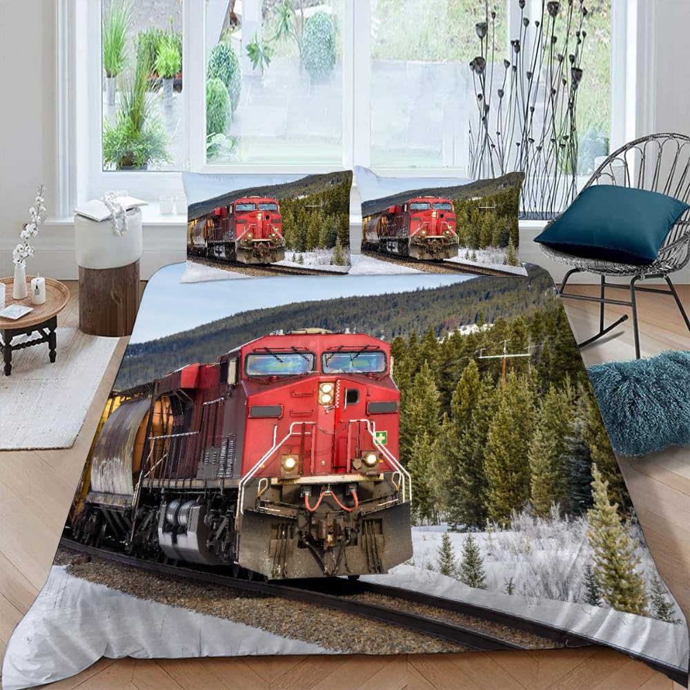 HONEDON Diesel Locomotive 3D Print Pattern Duvet Cover Retro Train Pattern Bedding Set with 2 Pillowcases Microfiber Bedspread Cover Zipper 3 Pieces(1 Duvet Cover + 2 Pillowcase 20" x 30")