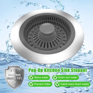 Kitchen Sink Drain Strainer, Pop-up Sink Stoppers, 3 in 1 Sink Drain Strainer, Upgraded Larger Sink Strainer Filter Basket, Cleaning Brush for US Sink Standard 3-1/2 Inch Drain Strainers